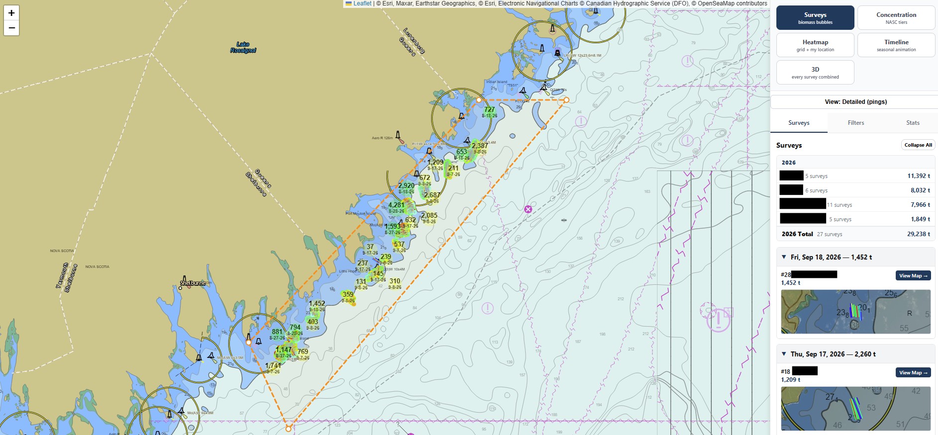 The main survey map: every survey shown as a biomass bubble on the chart, with filters and statistics